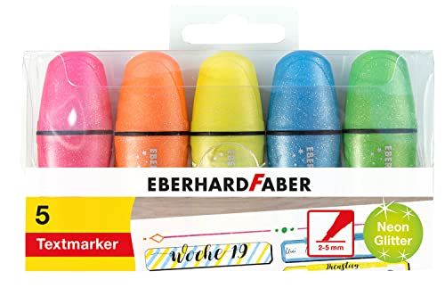 Eberhard Faber 551408 - Mini Text-Marker mit Keilspitze, 5 Highlighter in Neon-Farben mit Glitzer-Effekt, Leucht-Marker für Schule, Uni, Büro und Freizeit, zum Markieren, Hervorheben und Ausmalen von Eberhard Faber