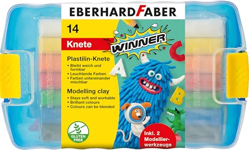 Eberhard Faber 572010 - Winner Plastilin-Knete in 7 leuchtenden Farben, Kunststoffbox mit 14 Knetstangen und 2 Modellierwerkzeugen, weich und formbar, für kreativen Bastel- und Knetspaß von Eberhard Faber
