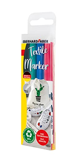 Eberhard Faber 578204 - Textil Marker, 4 Stoffmalstifte in leuchtenden Farben, Strichstärke ca. 2 mm, mit Schablonen, geeignet für verschiedene Stoffe, nach Fixierung waschbeständig bis 60°C von Eberhard Faber
