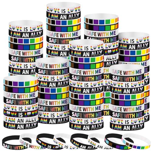 Ecally 96 Stück Pride Regenbogen-Armbänder Lgbt Regenbogen Silikon Armbänder Bulk Gay Day Unterstützung Gummi Armbänder für Lesben Schwule Transgender Pride Month Paraden Dekorationen Partyzubehör von Ecally
