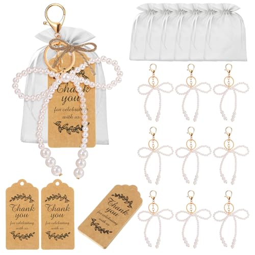 Ecation 20-teiliges Set mit Schleifen-Schlüsselanhängern, Geschenkartikel, Organza-Beutel für Gäste, Taufe, Babyparty, Hochzeit (Perlenschleife) von Ecation