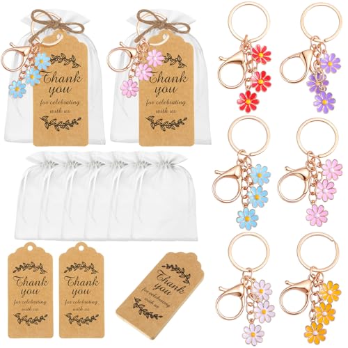 Ecation Bunte Blumen-Schlüsselanhänger, Partyzubehör, Stahlblumen-Schlüsselanhänger, Gänseblümchen-Anhänger, ästhetisches Zubehör, Souvenir, Geschenk mit Kraftanhängern und Organza-Beutel für Gäste von Ecation