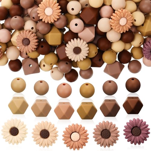 Ecation Silikonperlen, Großpackung mit 12 mm, rund, 14 mm sechseckig, 23/20 mm, Gänseblümchen-Perlen für Schlüsselanhänger, Armband, Halskette, Schmuck, DIY-Zubehör (braun), 186 Stück von Ecation