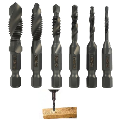 6-teiliges Kombi-Bohrer und Gewindeschneider-Set für präzise Gewinde, inkl. M3, M4, M5, M6, M8 und M10 in Rostschutz-Beschichtung, 6-mm-Sechskantschaft für vielseitige Anwendungen,hss-gewindebohrer von EceoThsy