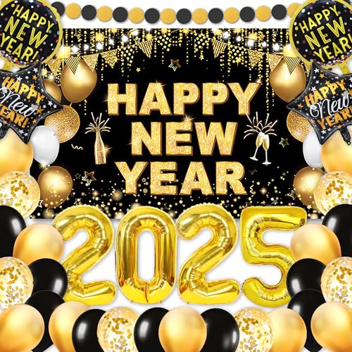 Silvester Deko 2025 XXL Dekoration Set, Neujahrsbanner (71 x 44 Zoll), 2025-Luftballons (32 Zoll), Schwarze Und Goldene Luftballons, Folienballons, Girlande, Happy New Year 2025 Neujahrsdekoration Silvester Deko 2025 XXL Dekoration Set, Neujahrsbanner (71 x 44 Zoll), 2025-Luftballons (32 Zoll), Schwarze Und Goldene Luftballons, Folienballons, Girlande, Happy New Year 2025 Neujahrsdekoration von Echehi