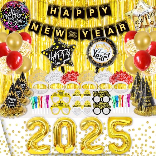 Silvester Deko 2025 Silvesterparty Dekoration Set 57 Pcs, Happy New Year Girlande, 2025 (32-Zoll) Folienballons, Lametta Vorhänge, Rot Gold Luftballon, Tischdecke, Hüte, Silvester Haarreif, Brillen von Echehi