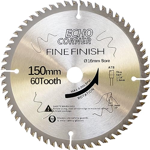 Echo Corner 150mm Kreissägeblatt 16mm Bohrung 60-Zähne, Feinschnitt Feinschliff Kappschnitt Rahmenbau Beschneiden Hartholz Weichholz Laminat Furniersperrholz MDF Kunststoff Echo Corner 150mm Kreissägeblatt 16mm Bohrung 60-Zähne, Feinschnitt Feinschliff Kappschnitt Rahmenbau Beschneiden Hartholz Weichholz Laminat Furniersperrholz MDF Kunststoff von Echo Corner