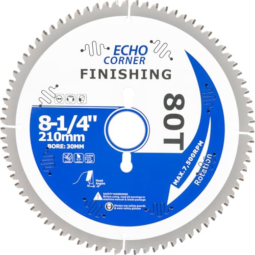 Echo Corner 210mm Polierter Feinschnitt Holz Kreissägeblatt, 30mm Bohrung, 25,4mm ring, schnelles Querschneiden Hartholz Weichholz Laminat Furnier Sperrholz Kunststoff, 210 mm x 30 mm x 80 Z von Echo Corner