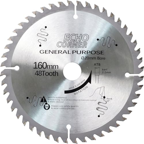 Echo Corner Kreissägeblatt, 160 mm, dünne Schnittfuge, ATB 48 Zähne, 20 mm Dorn 16 mm Unterlegscheibe, 16 cm Holzklinge zum Reißen, Trimmen, Rahmen, Querschnitt, feine Holzbearbeitung Echo Corner Kreissägeblatt, 160 mm, dünne Schnittfuge, ATB 48 Zähne, 20 mm Dorn 16 mm Unterlegscheibe, 16 cm Holzklinge zum Reißen, Trimmen, Rahmen, Querschnitt, feine Holzbearbeitung von Echo Corner