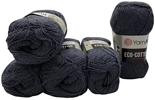 5 x 100g Strickwolle YarnArt Eco Cotton mit 85% Baumwolle, 500 Gramm Wolle einfarbig (anthrazit 773) von Eco Cotton