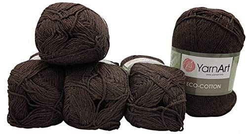 5 x 100g Strickwolle YarnArt Eco Cotton mit 85% Baumwolle, 500 Gramm Wolle einfarbig (braun 777) von Eco Cotton