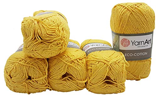 5 x 100g Strickwolle YarnArt Eco Cotton mit 85% Baumwolle, 500 Gramm Wolle einfarbig (gelb 764) von Eco Cotton