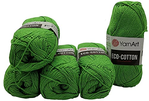 5 x 100g Strickwolle YarnArt Eco Cotton mit 85% Baumwolle, 500 Gramm Wolle einfarbig (grün 802) von Eco Cotton