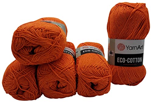 5 x 100g Strickwolle YarnArt Eco Cotton mit 85% Baumwolle, 500 Gramm Wolle einfarbig (orange 800) von Eco Cotton