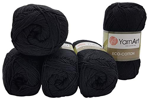 5 x 100g Strickwolle YarnArt Eco Cotton mit 85% Baumwolle, 500 Gramm Wolle einfarbig (schwarz 761) von Eco Cotton