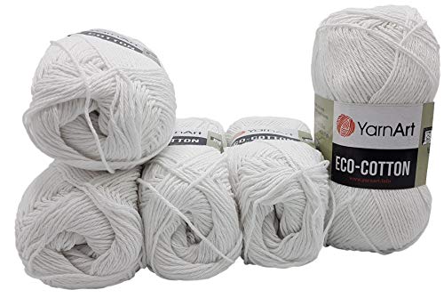 5 x 100g Strickwolle YarnArt Eco Cotton mit 85% Baumwolle, 500 Gramm Wolle einfarbig (weiß 760) von Eco Cotton