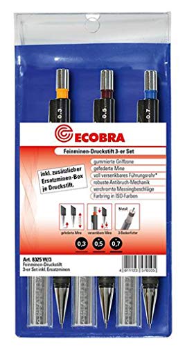 ECOBRA Feinminenstifte 3er Set im Kunststoff-Etui (0,3mm, 0,5mm, 0,7mm) Inklusive je 1 Pck. Ersatzminen in 0,3/HB,0,5/HB,0,7HB von Ecobra