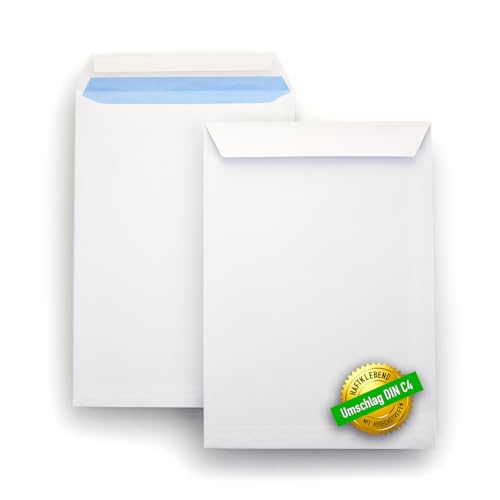 Ecocleo® Briefumschläge DIN C4, Große Versandtaschen ohne Fenster Weiß, 229 × 324 mm, | 50 Stück, Haftklebend mit Schutzfolie | Umschlag Groß, Briefkuvert Fensterlos, Envelope für A4 von Ecocleo