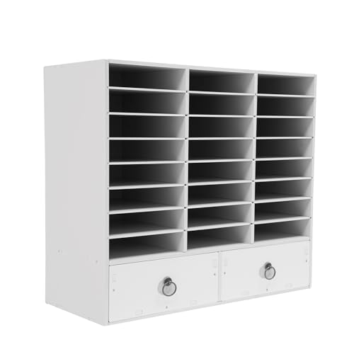 Postorganisator Papier Aufbewahrungsschrank Schreibtisch Organizer Briefablage Dokumentenhalter Sortiermappe Aufbewahrungsbox 71.5 * 30 * 70 cm mit 24 Fächern und 2 Schubladen für Büro (Weiß) von Ecoggeder