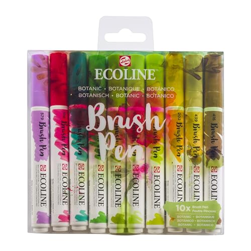 Ecoline Brush Pen-Set mit 10 flüssigen Aquarellstiften – Botanik-Farbtöne | Mischbare Pinselstifte für Handlettering, Zeichnen und Basteln von Ecoline