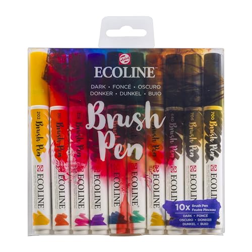 Ecoline Brush Pen-Set mit 10 flüssigen Aquarellstiften – Dunkeltöne | Mischbare Pinselstifte für Handlettering, Zeichnen und Basteln von Ecoline