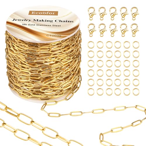 Ecoofor Büroklammerketten, 18 Karat Gold, Edelstahl, 3 mm breit, vergoldete Kette mit Biegeringen und Karabinerverschlüssen, 90 cm von Ecoofor