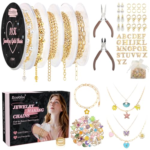 Ecoofor Halsketten-Set aus 18-karätigem Gold zur Schmuckherstellung, 5 Rollen (5,1 m) DIY-Armbandketten mit 136 Anhängern, Biegeringen, Karabinerverschlüssen, Schmuckzange und Geschenkbox von Ecoofor