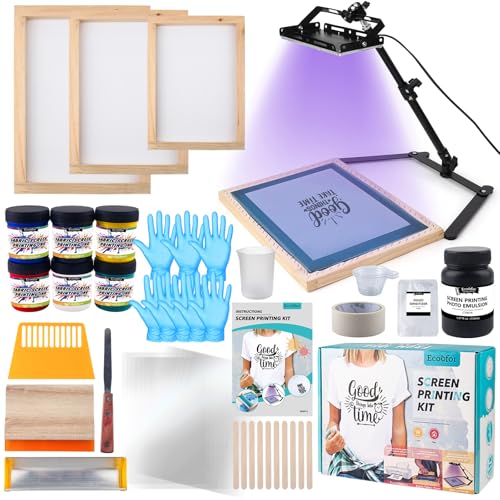 Ecoofor Siebdruck-Set – 53-teiliges All-in-One-Set mit 50-W-UV-Belichtungslampe, 3 Größen Holz-Siebdruckrahmen, 6 Farben Siebdrucktinte, 15 A4-Tintenstrahl-Transparenzfolien Ecoofor Siebdruck-Set – 53-teiliges All-in-One-Set mit 50-W-UV-Belichtungslampe, 3 Größen Holz-Siebdruckrahmen, 6 Farben Siebdrucktinte, 15 A4-Tintenstrahl-Transparenzfolien von Ecoofor
