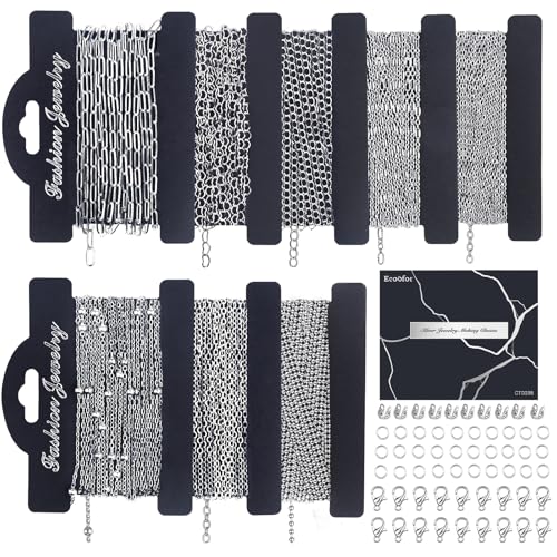 Ecoofor Silbernes Halsketten-Set zur Schmuckherstellung, 8 Rollen, DIY-Armbandketten mit Biegeringen/Karabinerverschlüssen/Verbindungsstücken Ecoofor Silbernes Halsketten-Set zur Schmuckherstellung, 8 Rollen, DIY-Armbandketten mit Biegeringen/Karabinerverschlüssen/Verbindungsstücken von Ecoofor