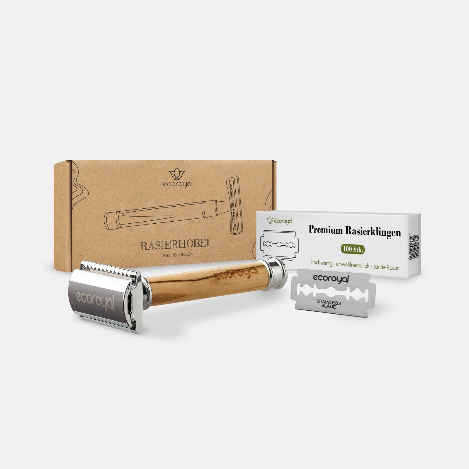 Rasierhobel Set Olivenholz + 100 Rasierklingen Für Damen & Herren Rasierhobel Set Olivenholz + 100 Rasierklingen Für Damen & Herren von Ecoroyal