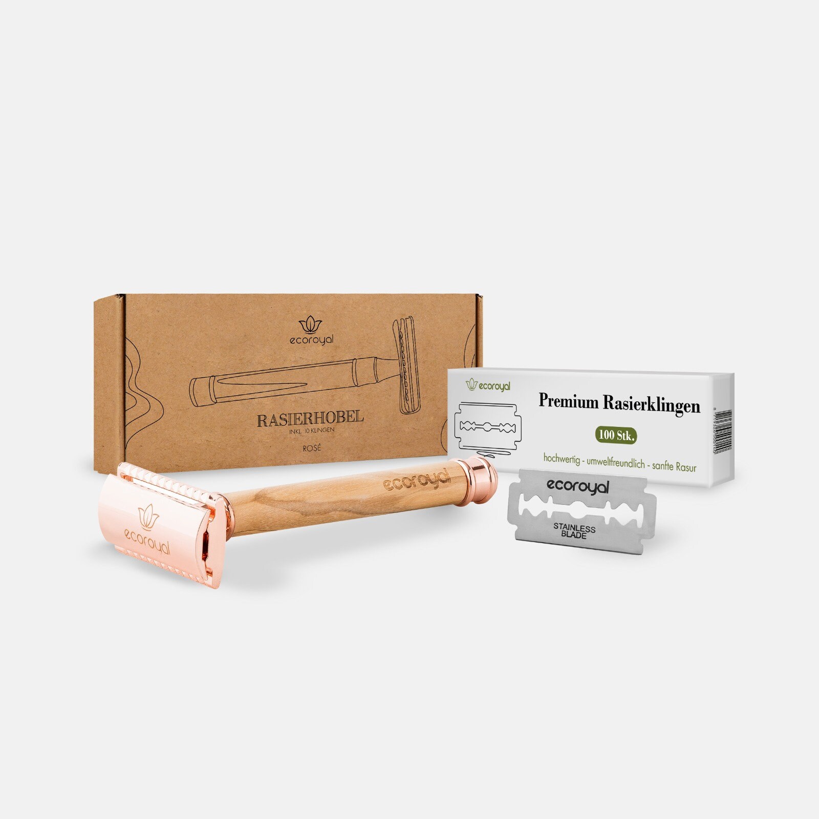 Rasierhobel Set Olivenholz Rosé + 100 Rasierklingen Für Damen Rasierhobel Set Olivenholz Rosé + 100 Rasierklingen Für Damen von Ecoroyal