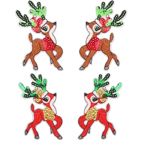 Aufnäher zum Aufbügeln, Motiv: Weihnachtshirsch, bestickt, goldfarben, rot, grün, glitzernd, niedliches Hirsch-Reparaturapplikation, Weihnachtsdekoration, für Kinder und Erwachsene, Kleidung, Jacke, 4 von Ecuupas