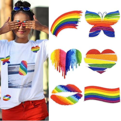 Regenbogen-Aufnäher zum Aufbügeln, bestickte Applikation, Motiv: Schmetterling, Liebe, Chenille, Gay-LGBT-Tag, passende Outfits für Kleidung, Taschen, Hüte, Dekoration, 6 Stück Regenbogen-Aufnäher zum Aufbügeln, bestickte Applikation, Motiv: Schmetterling, Liebe, Chenille, Gay-LGBT-Tag, passende Outfits für Kleidung, Taschen, Hüte, Dekoration, 6 Stück von Ecuupas