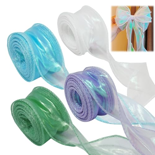 Organzaband 4 Rollen, 40mm x 9M Geschenkband Schimmernd Weiß Blau Grün Lila, Chiffonband Glänzend Schleifenband für Hochzeit, DIY Basteln, Verpackung, Dekoration, Blumenstrauß, Tortenrand Organzaband 4 Rollen, 40mm x 9M Geschenkband Schimmernd Weiß Blau Grün Lila, Chiffonband Glänzend Schleifenband für Hochzeit, DIY Basteln, Verpackung, Dekoration, Blumenstrauß, Tortenrand von Eddrfy