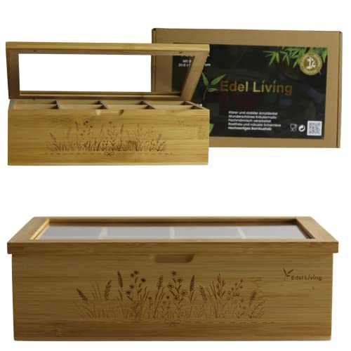Edel Living Premium Teebox Holz mit 8 Fächern, Acrylglasfenster, Kräutergravur & Magnetverschluss - vielseitig verwendbar für Teebeutel, Kaffeekapseln & mehr (Ambus Teebox) von Edel Living