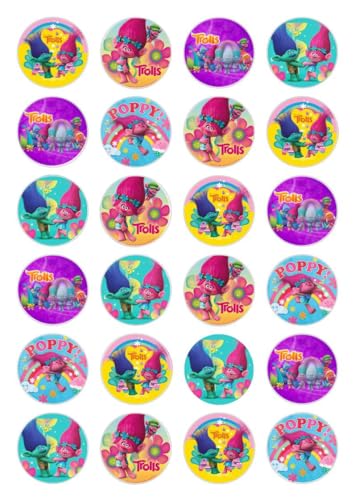 24 x Cupcake-Topper aus Esspapier mit Trolls-Feier, Kuchendekoration von Ediblecakedecorations