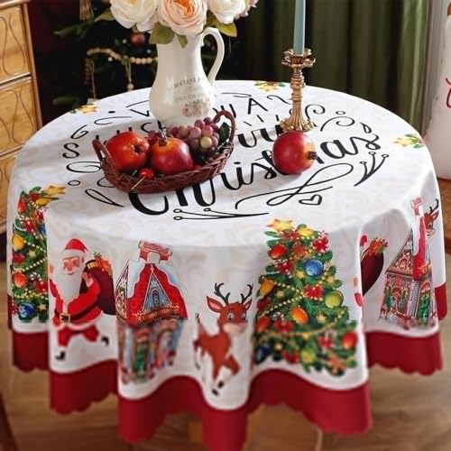 EdirFtra Weihnachtstischdecke, runde Tischdecke, Durchmesser 150 cm, waschbar, für Weihnachtsessen, Party, Küchendekoration, rot,B,150CM von EdirFtra