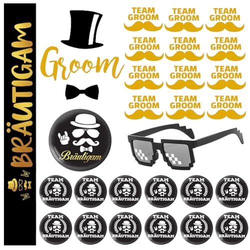 Editbar 28 Stück JGA Männer Accessoires Set – Junggesellenabschied Deko,Party für Team Bräutigam,13 Ansteckbuttons,1 Schärpe,13 Tattoo Sticker,1 Mosaik Brille,Hochzeit Accessoires für Herren JGA Party Editbar 28 Stück JGA Männer Accessoires Set – Junggesellenabschied Deko,Party für Team Bräutigam,13 Ansteckbuttons,1 Schärpe,13 Tattoo Sticker,1 Mosaik Brille,Hochzeit Accessoires für Herren JGA Party von Editbar