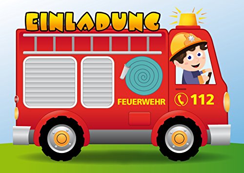10 FEUERWEHR-Einladungskarten-Set: Lustige Einladungen zum Kindergeburtstag mit Feuerwehr-Mann und Auto von EDITION COLIBRI (10982) von Edition Colibri