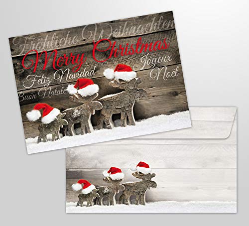 10 Weihnachtskarten ELCHE mit Umschlag - 10 St. gleiche, nostalgische Klappkarten für Weihnachten im Set mit passenden Umschlägen. Format: DIN A 6 (14,8 x 10,5 cm) von Edition Colibri