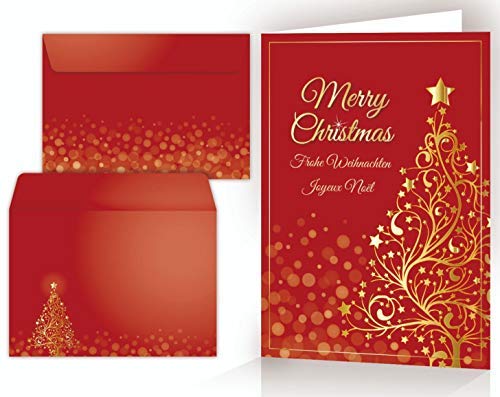 10-er Weihnachtskarten-Set GOLDENER WEIHNACHTSBAUM mit Umschlägen - 10 St. hochwertige, mehrsprachige Klappkarten/Grusskarten für Weihnachten mit Kuverts (11007) von Edition Colibri