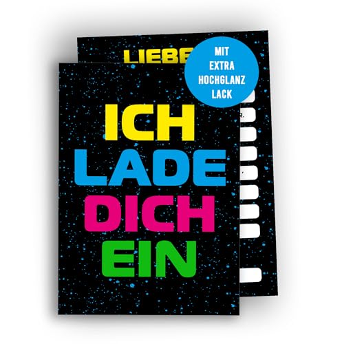 Edition Colibri 10 Einladungskarten Kindergeburtstag A6 – bunt & lustig für Jungen, Mädchen & Teenager, coole Party Einladungen Neon Design von Edition Colibri