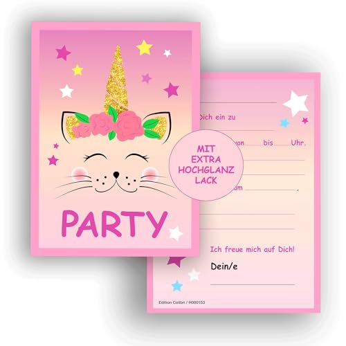 Edition Colibri 10 Einladungskarten Kindergeburtstag Einhorn-Katze, Party, Einladung Kindergeburtstag Junge und Mädchen, Geburtstagseinladungen, A6 von Edition Colibri