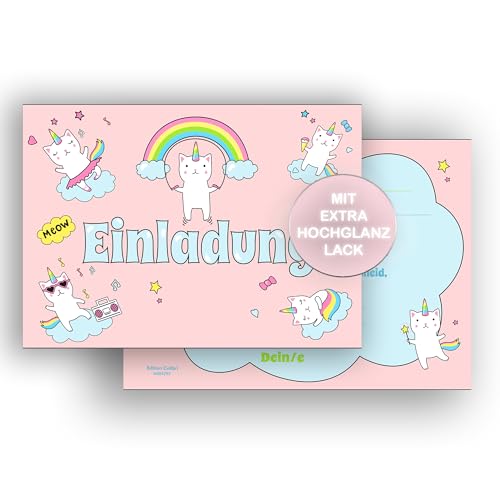 Edition Colibri 10 Einladungskarten Kindergeburtstag Einhorn Katzen A6, coole Partyeinladung, Einladung zum Geburtstag Mädchen von Edition Colibri