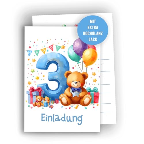 Edition Colibri 10 Einladungskarten zum 3. Geburtstag Junge & Mädchen – Bär mit Ballons, süße Geburtstagseinladung für Kinder, Premium Qualität, A6 von Edition Colibri