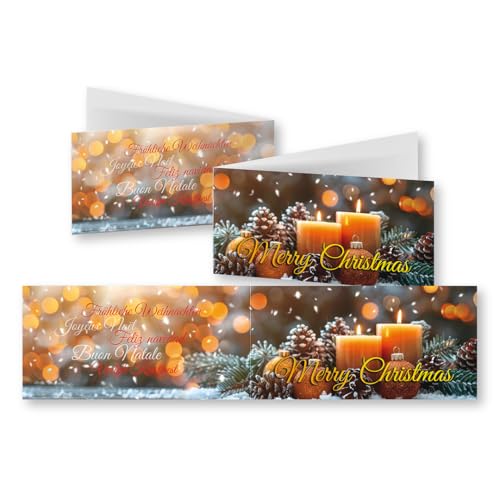 Edition Colibri 10 nostalgische Weihnachtskarten im Set mit Umschlag: DIN Lang (42 x 10,5 cm), mehrsprachige Klappkarten mit orangen Kerzen (11160) von Edition Colibri