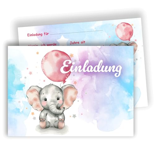 Edition Colibri Elefant mit Ballon Einladungskarte – Niedliches Aquarell Motiv – Kindergeburtstag | Set mit 10 flachen Karten (A6) – Rückseite zum Beschreiben von Edition Colibri