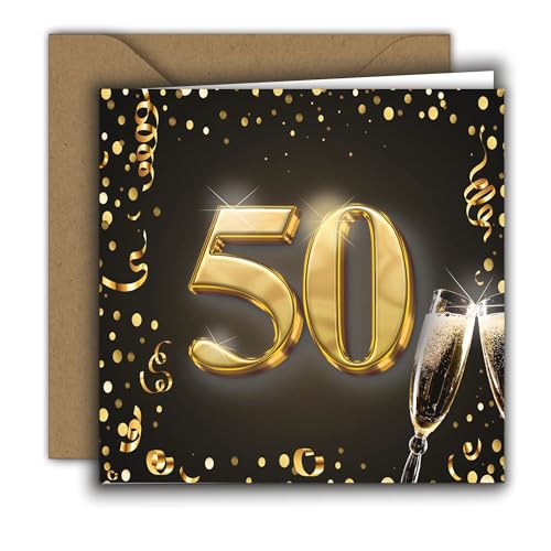 Edition Colibri Glückwunschkarte 50. Geburtstag – hochwertige Klappkarte mit Umschlag für Frau & Mann – quadratische Geburtstagskarte – ideal für Geldgeschenk oder Gutschein, gold, 15 x 15 cm von Edition Colibri