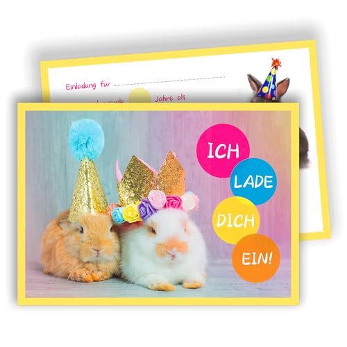 Edition Colibri Hasen Party Einladungskarte – Niedliche Kaninchen mit Partyhüten – Kindergeburtstag | Set mit 10 flachen Karten (A6) – Rückseite zum Beschreiben von Edition Colibri