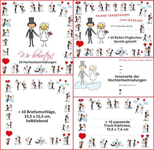 Komplettes Hochzeitskarten-SET Nr. 1 bestehend aus 10 Hochzeitseinladungen / 10 Umschlägen / 10 Tischkarten / 10 Ballonflugkarten von EDITION COLIBRI - umweltfreundlich, da klimaneutral gedruckt von Edition Colibri